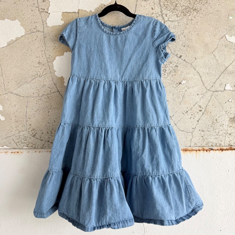 Hanna Andersson Dress Denim Chambay Tiered Ruffles Girls Size 6-7 Summer Classic
